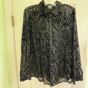 Black Sheer/Velvet Dress Blouse Sz L